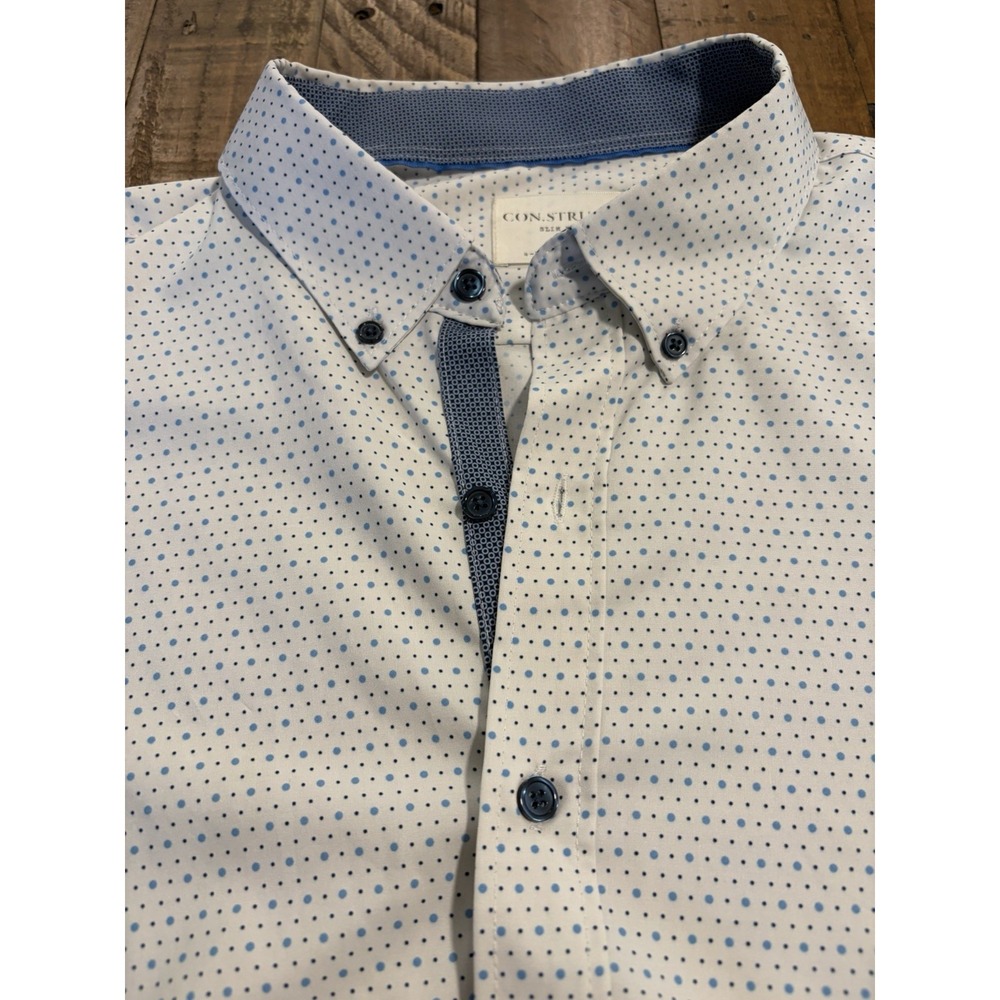 Men's CON.STRUCT Slim Fit 4-Way Stretch Shirt XL White Blue Polka Dot Button Up